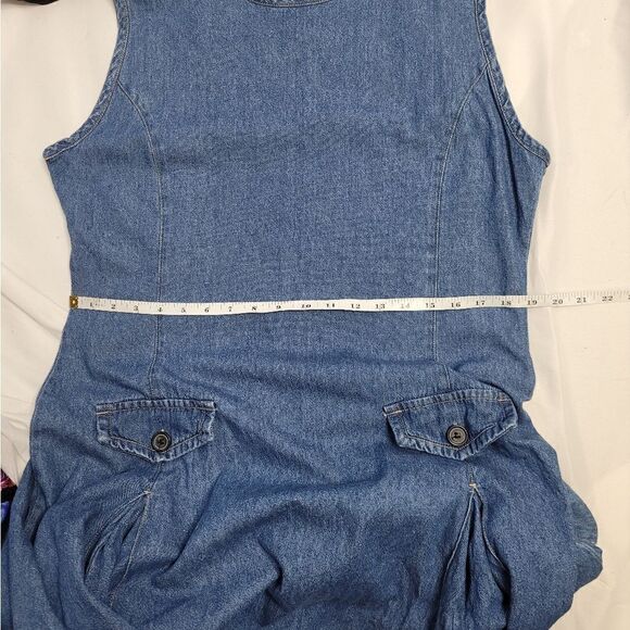 VINTAGE 90s denim pinafore dress pleated sleeveless kidcore L - Picture 8 of 9